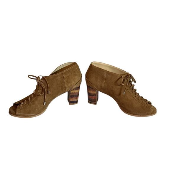 Faryl Robin Women's Peep Toe Suede Lace Up Ankle Stacked Heel Bootie Sz 9 Brown - Picture 6 of 8